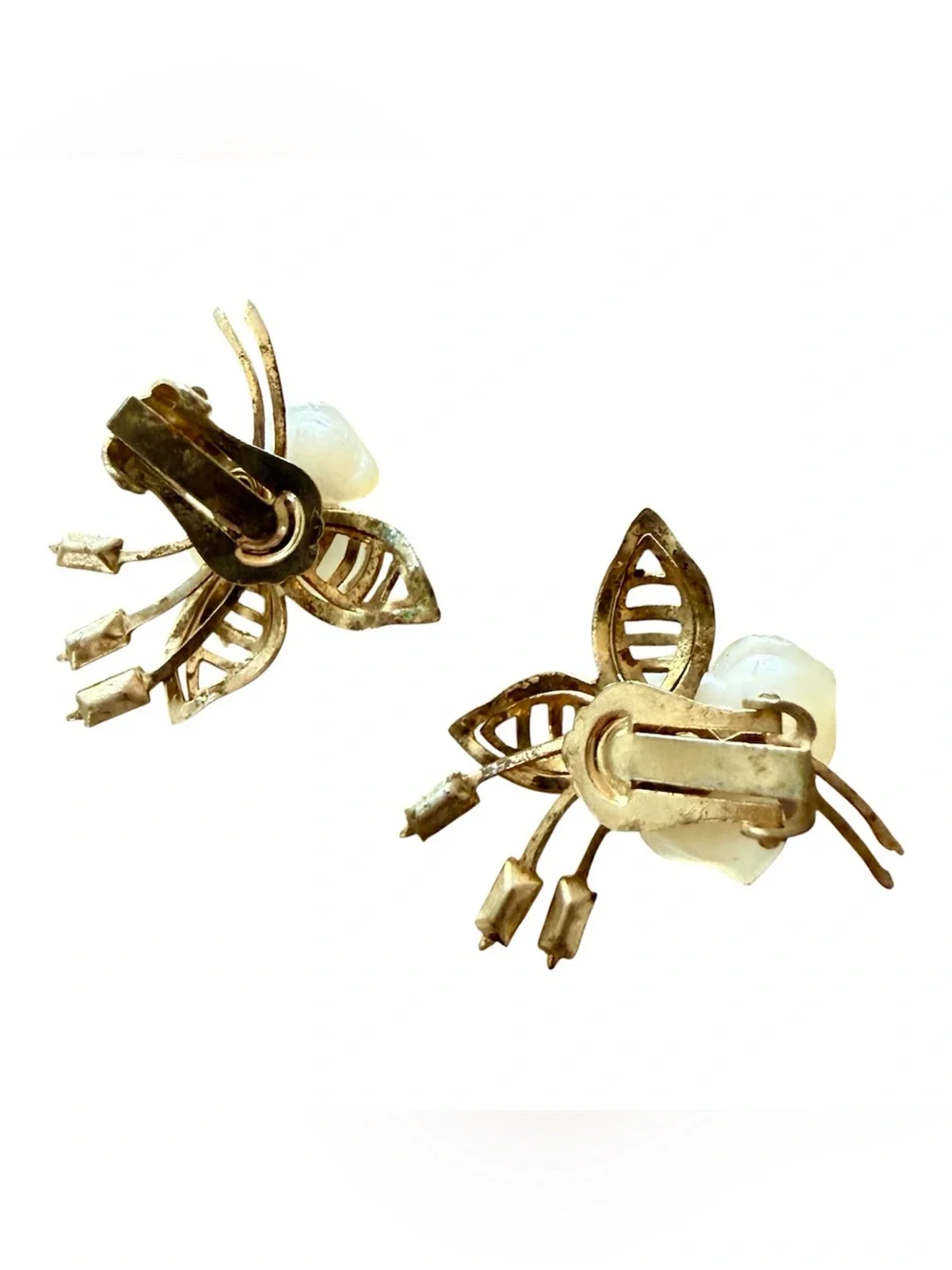 1950’s Bee “Look” Clip On Earrings, Goldtone w/Pearlescant White & Rhinestones